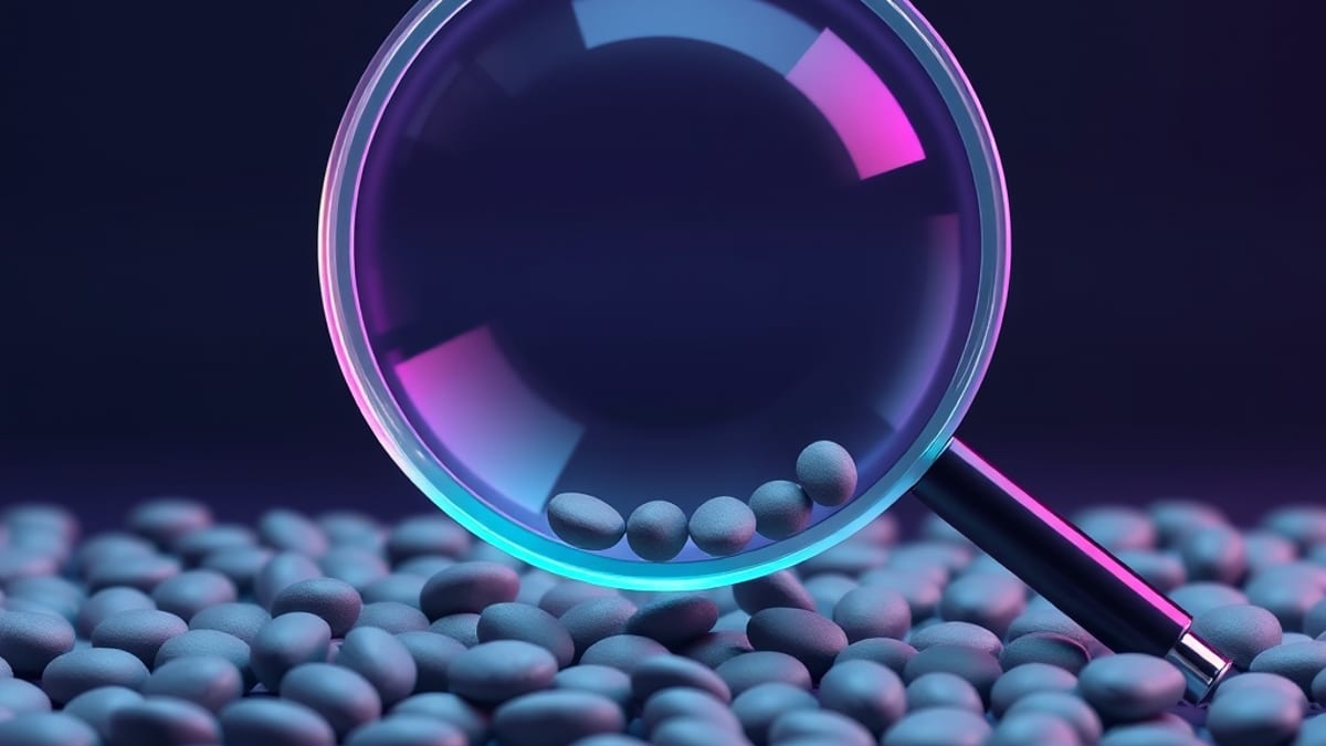 A glass magnifying lens hovers above drifting grey pebbles, some slipping past its rim unfocused.