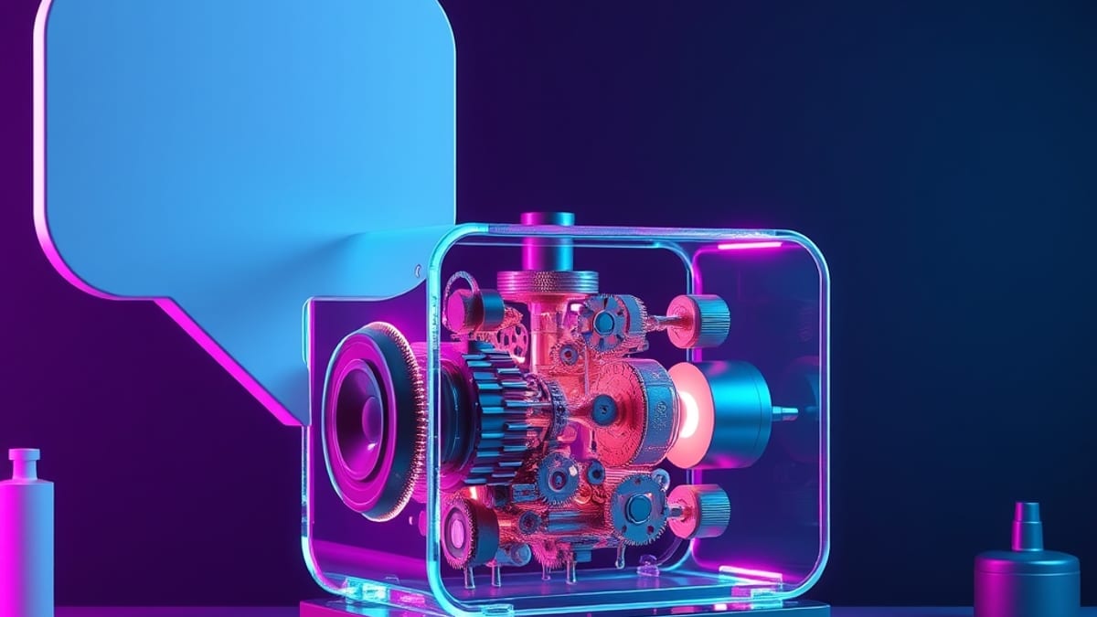 A glowing glass engine filled with tiny gears sits beside a dark, unlit speech bubble on a workbench.