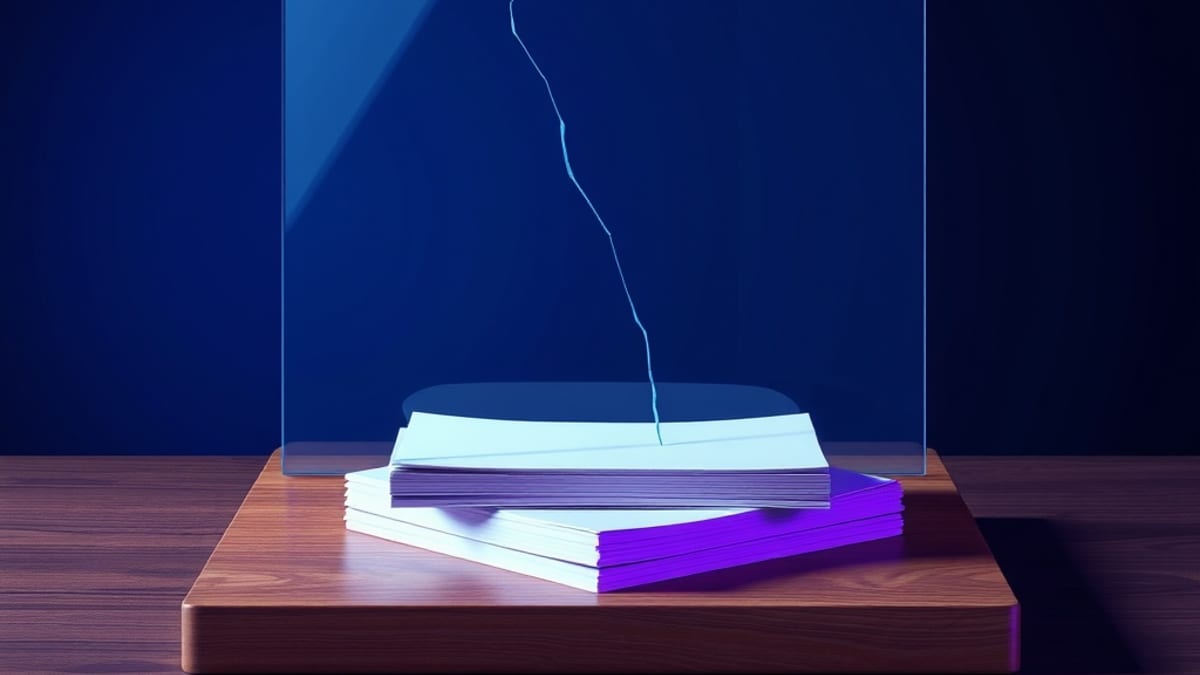 A cracked glass pane casting a warped shadow over a neat stack of blank papers on a desk