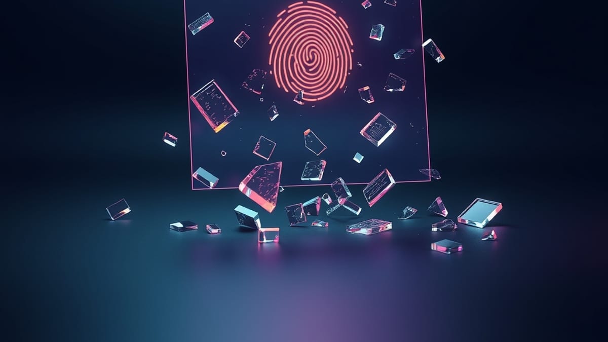 A translucent glass page breaking apart into floating shards, with a glowing fingerprint stamped on only a few solid pieces.