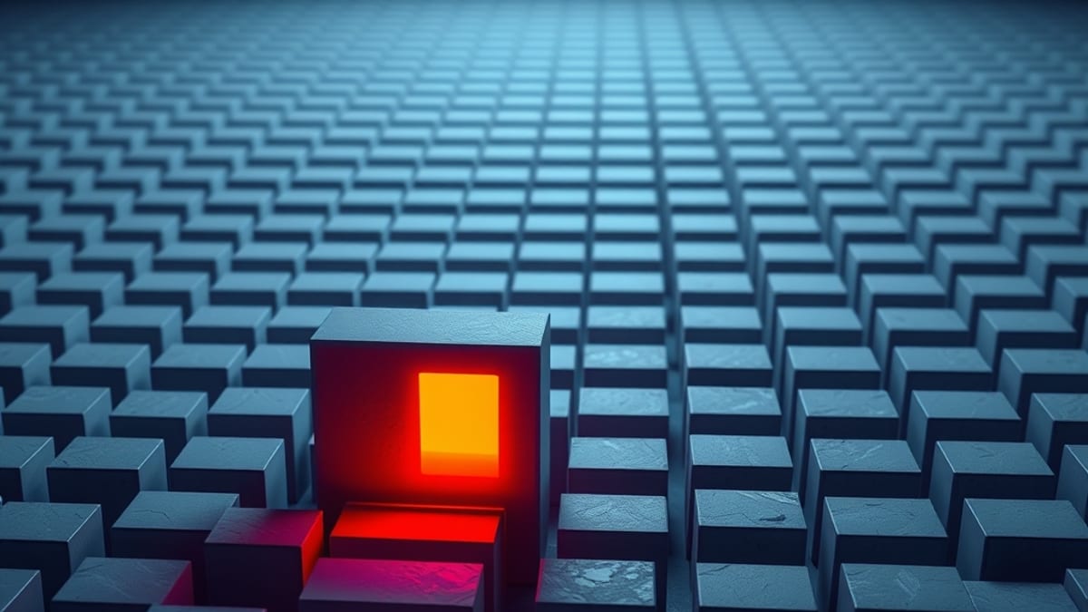 A field of identical grey cubes with one glowing amber cube standing out, casting light over the uniform rows.