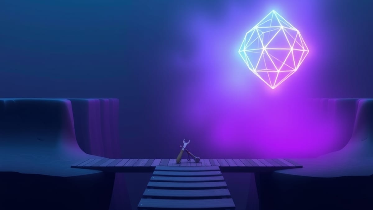 A narrow bridge crossing a dark chasm, small hand tools on one side, a huge glowing structure on the far side.