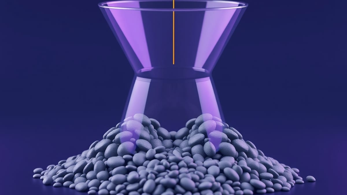 A glass funnel sorting identical grey pebbles into two unequal piles under a glowing measuring line.