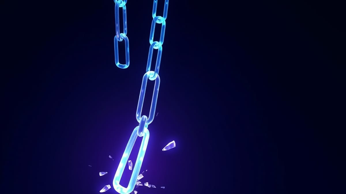 A chain of glass links stretched over a dark void, four links glowing and one shattering into fragments as the rest fade away