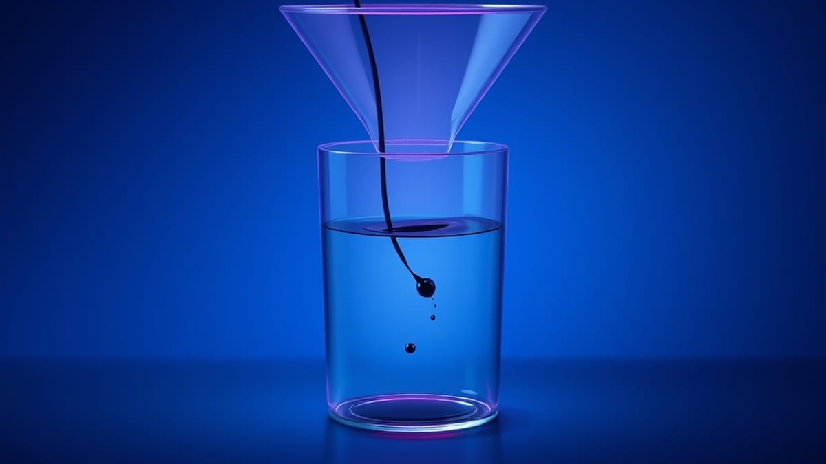 A glass funnel pours bright liquid into a sealed jar while a dark ink thread slips through the funnel wall and stains the str