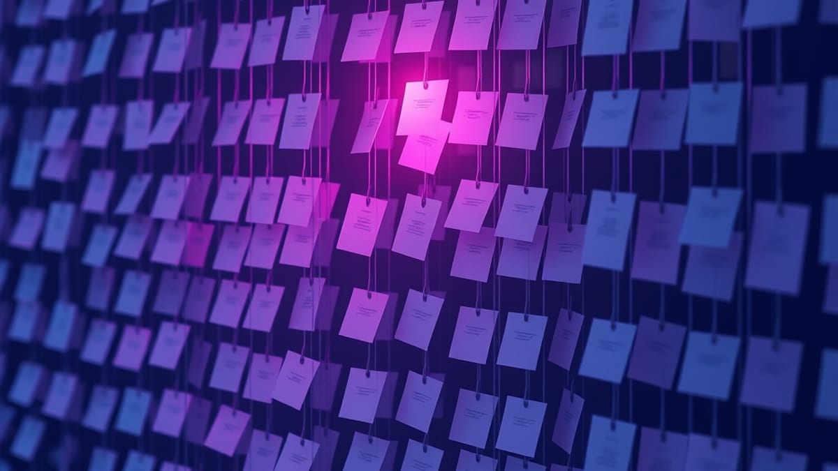A glowing paper note pressed against a dark glass wall filled with thousands of dim, frozen notes suspended behind it.