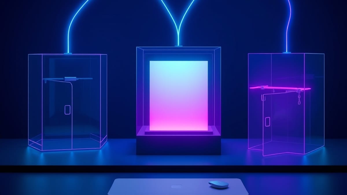A glowing sheet of paper sealed in a glass box, with thin light lines branching toward three other glass boxes, one open to a