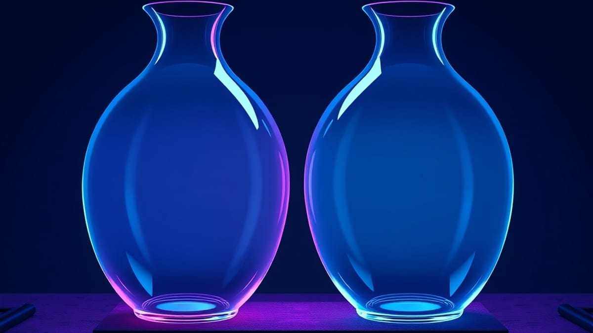 Two almost identical translucent glass vases side by side, one a hollow near-copy of the other, under a single cool lamp.