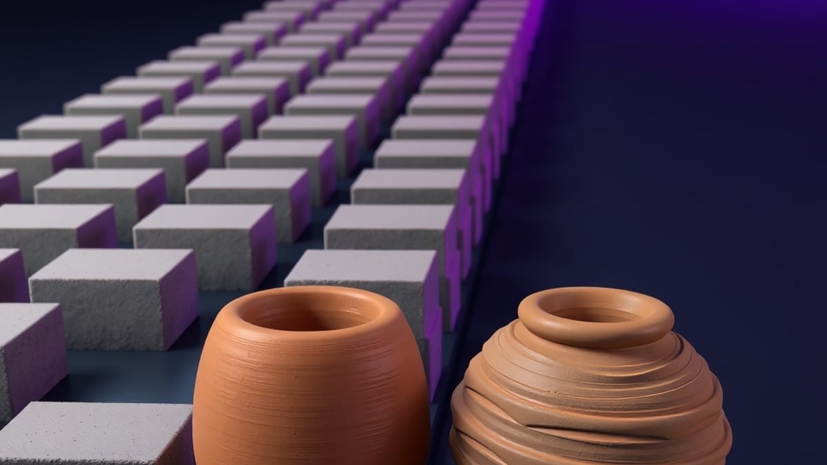 A row of uniform machine-made bricks beside a single uneven hand-shaped clay pot, lit in soft studio light.
