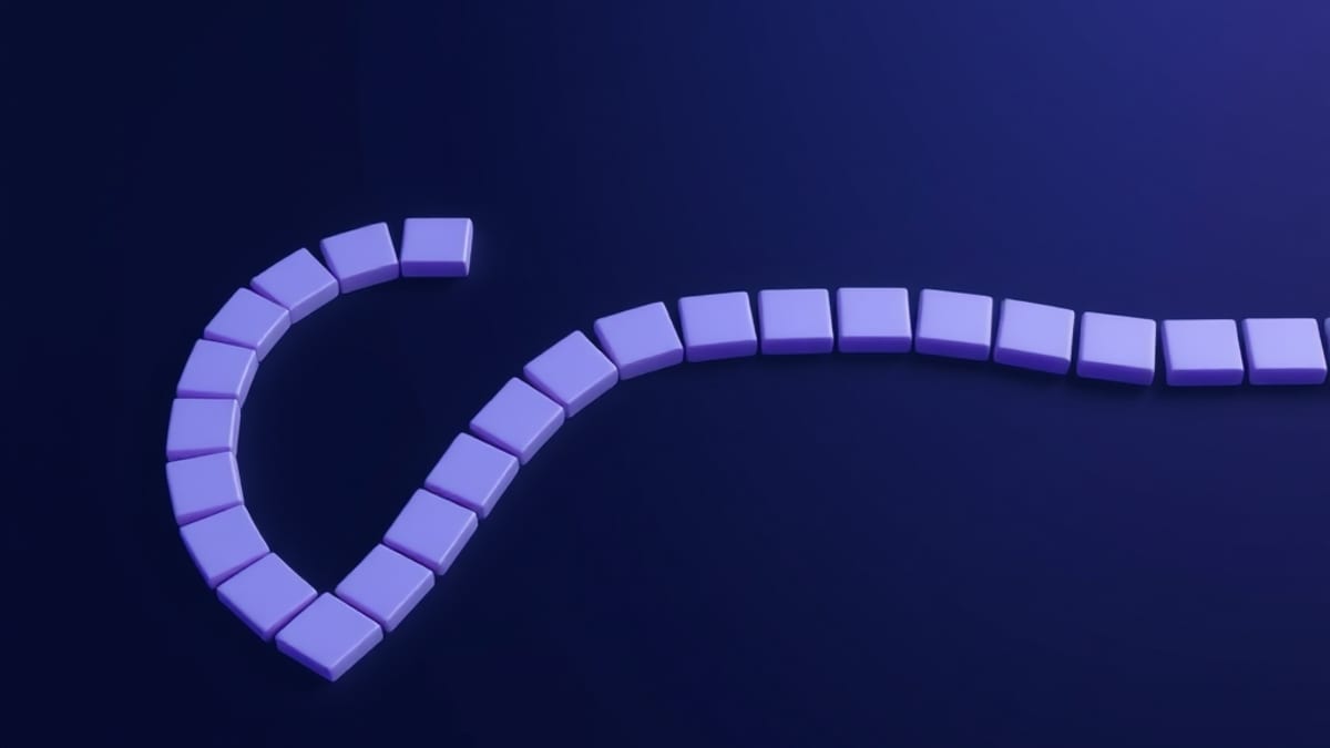 A flowing ribbon of small blank tiles locked edge to edge, curving smoothly across a dark surface with no object casting a sh