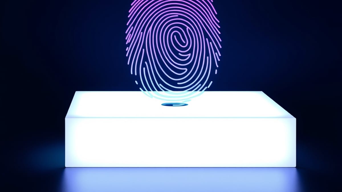 A fingerprint made of flowing text lines lies on a lightbox while three tracing-paper sheets peel upward, each echoing the sa