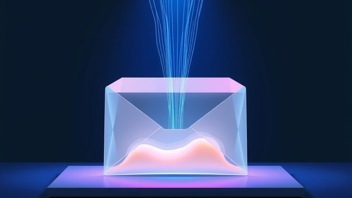 A sealed glass envelope on a desk, its contents dissolving into glowing threads pulled upward into a dark funnel above.
