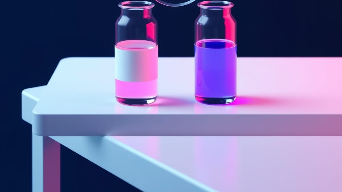 Two glass vials of identical liquid, one poured from a blank funnel, the other from an archive shelf, under a magnifying ring