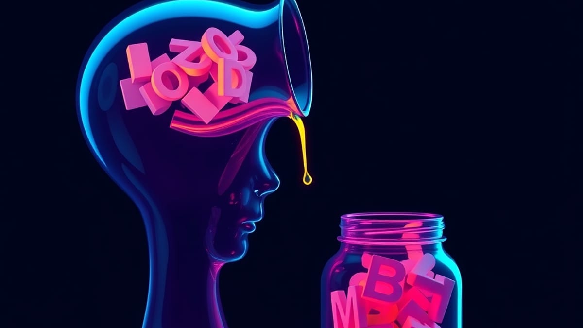 A glass head pours glowing letters into a large funnel that feeds a dark reservoir of swirling text, beside a sealed jar of w