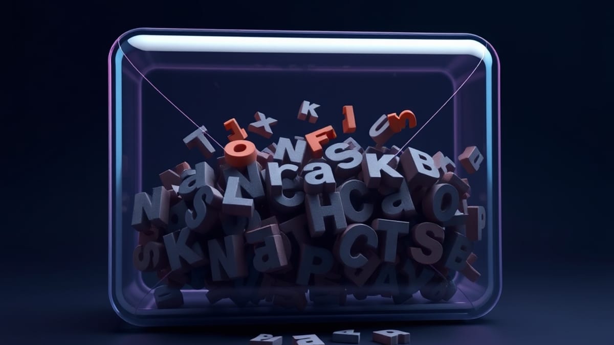 A glass envelope of text dissolving into drifting letters while a solid dark core of identical blocks remains intact inside.