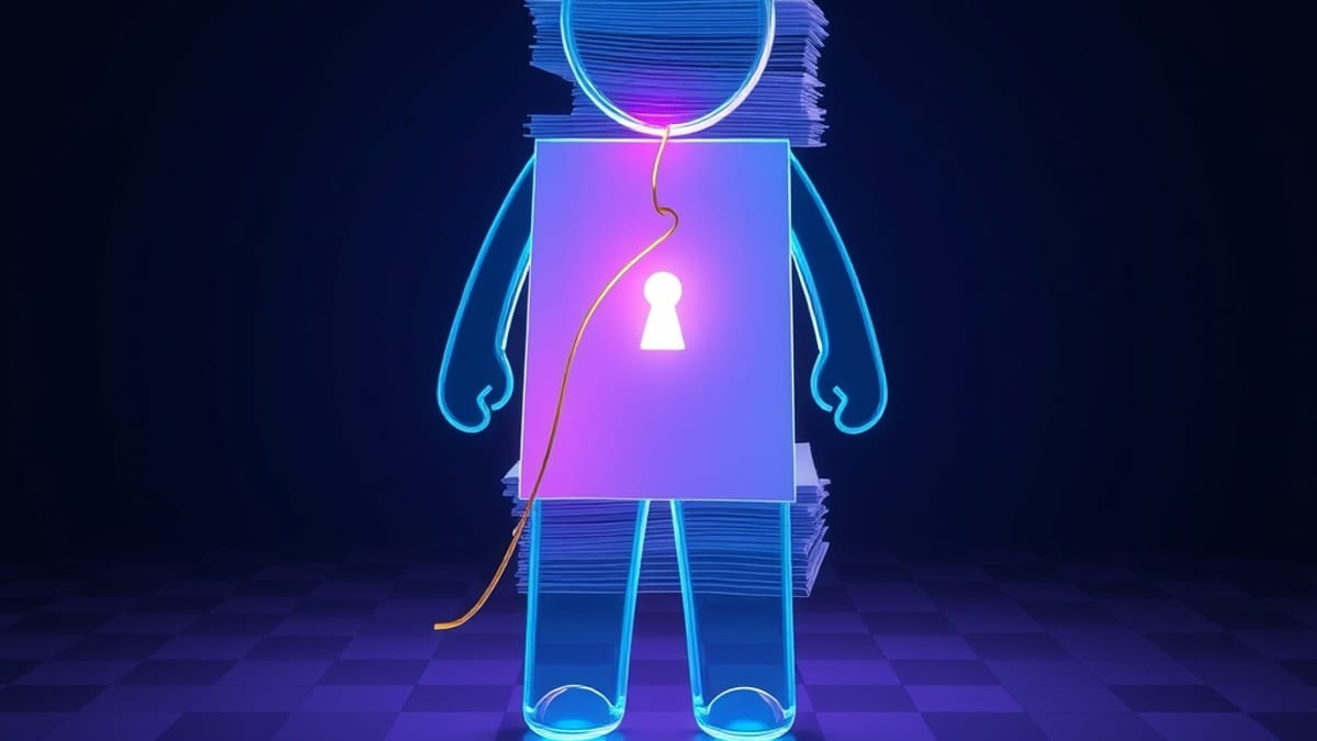 A glass figure built from layered paper sheets, half glowing, half fading into mist, tethered by a thread to a small lit door