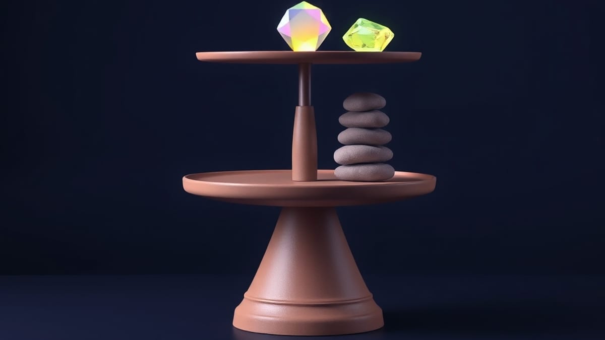 A balance scale with one glowing gem outweighing a stack of many dull identical stones.