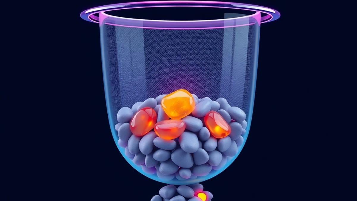 A glass sieve in soft light separates glowing amber stones from a crowd of identical grey pebbles beneath it.