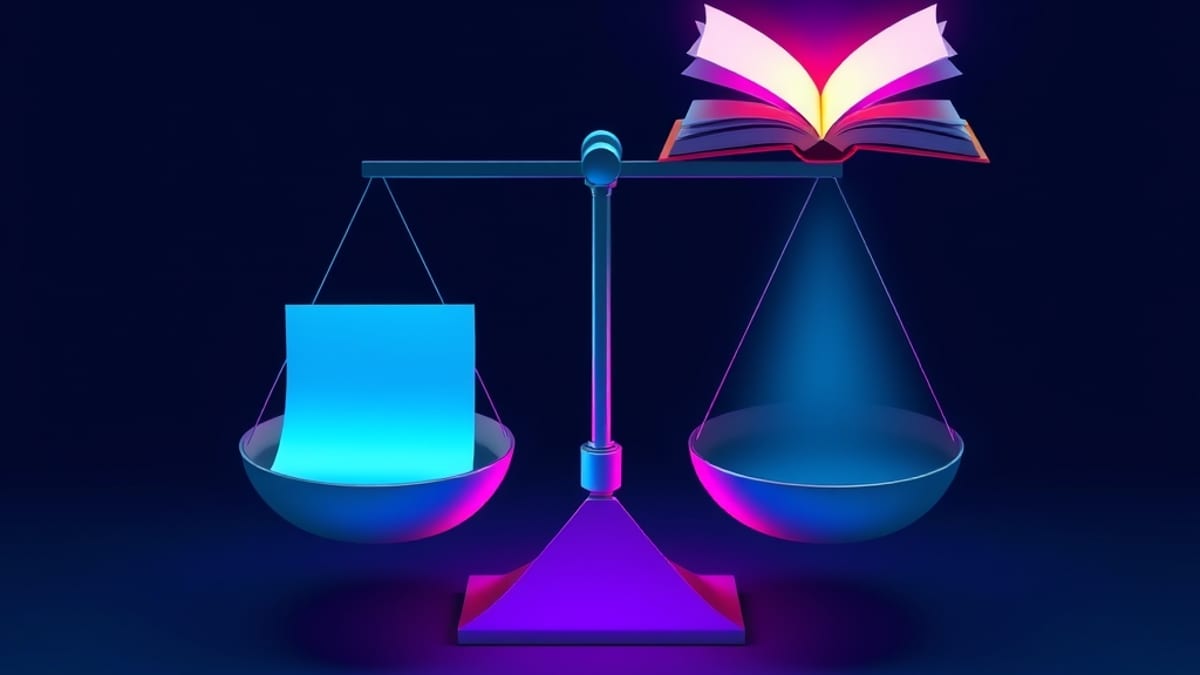 A flat illustration of a balance scale where a blank sheet sinks and a glowing open book rises above it.