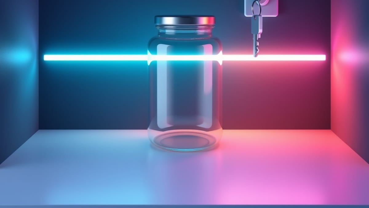 A sealed glass jar resting on a shelf while a small key floats away from a wall socket beside it.