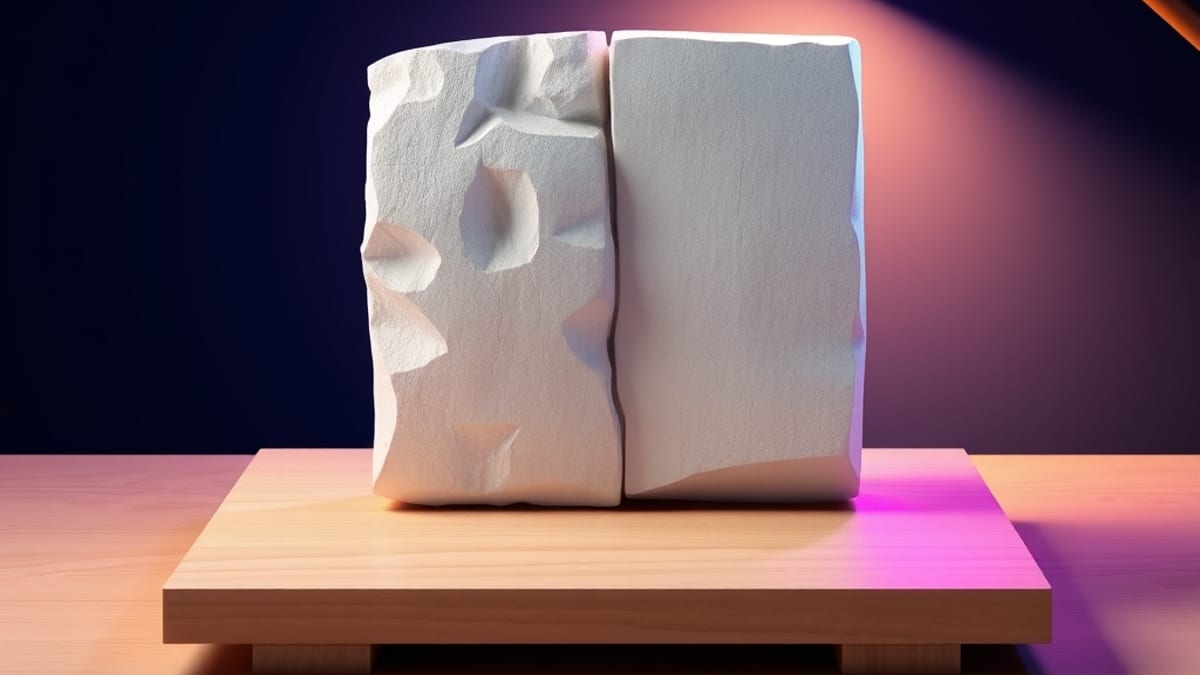 A half-finished sculpture on a workbench, one side rough stone and one side polished, lit by a warm lamp.