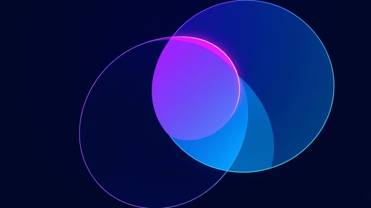 Three overlapping translucent circles in teal and rust, with only a small central sliver glowing solid.