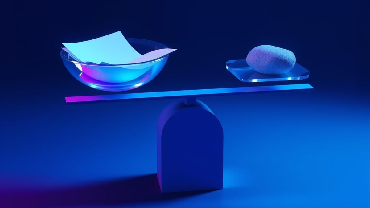 A glass document balanced on a beam, blank glowing sheets on one side and a small stone on the other.