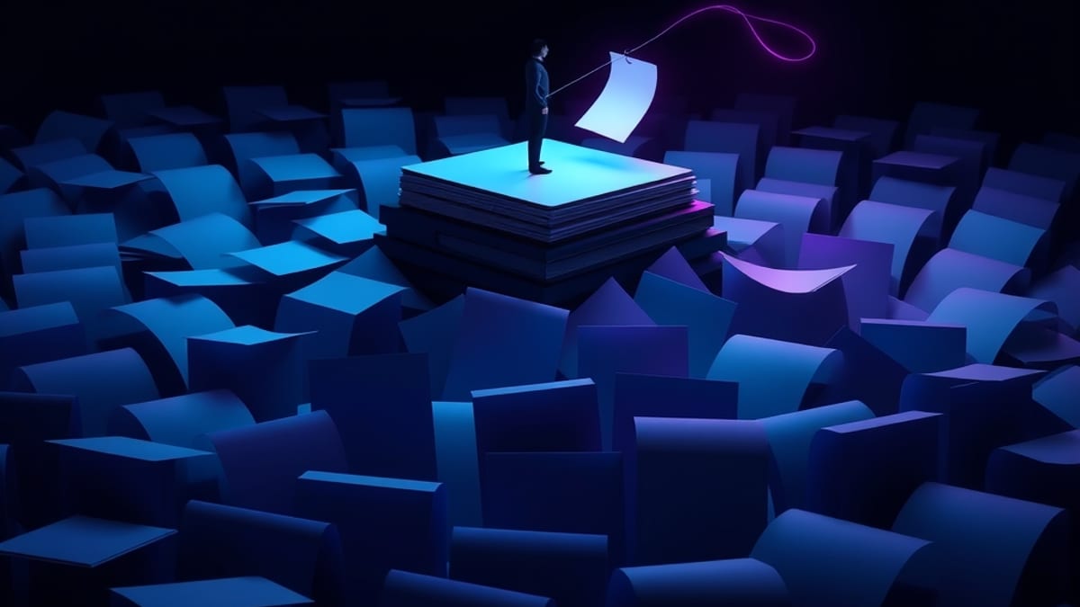 A silhouetted figure on a small island of blank paper sheets, surrounded by a swirling ocean of loose pages, one glowing page