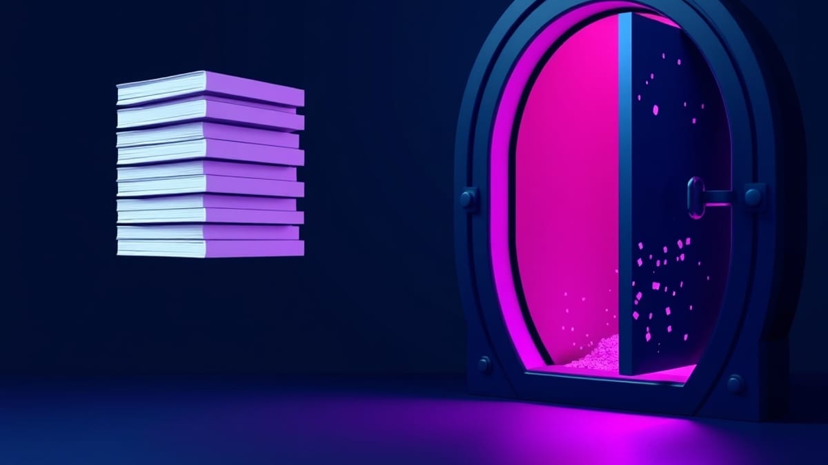 Blank pages assembling themselves on the left, a glowing open vault of keys and sealed envelopes on the right, joined by a br
