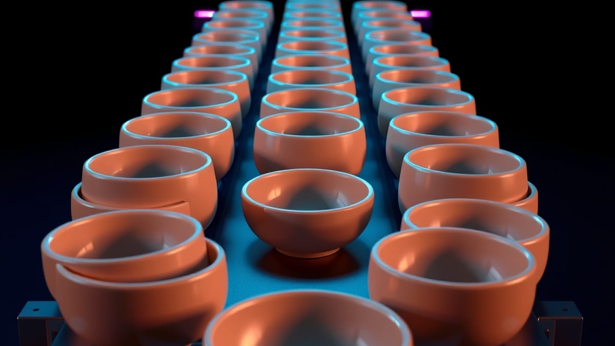 A machine rolling out identical ceramic bowls on a conveyor, with the last bowl cracked open and hollow.