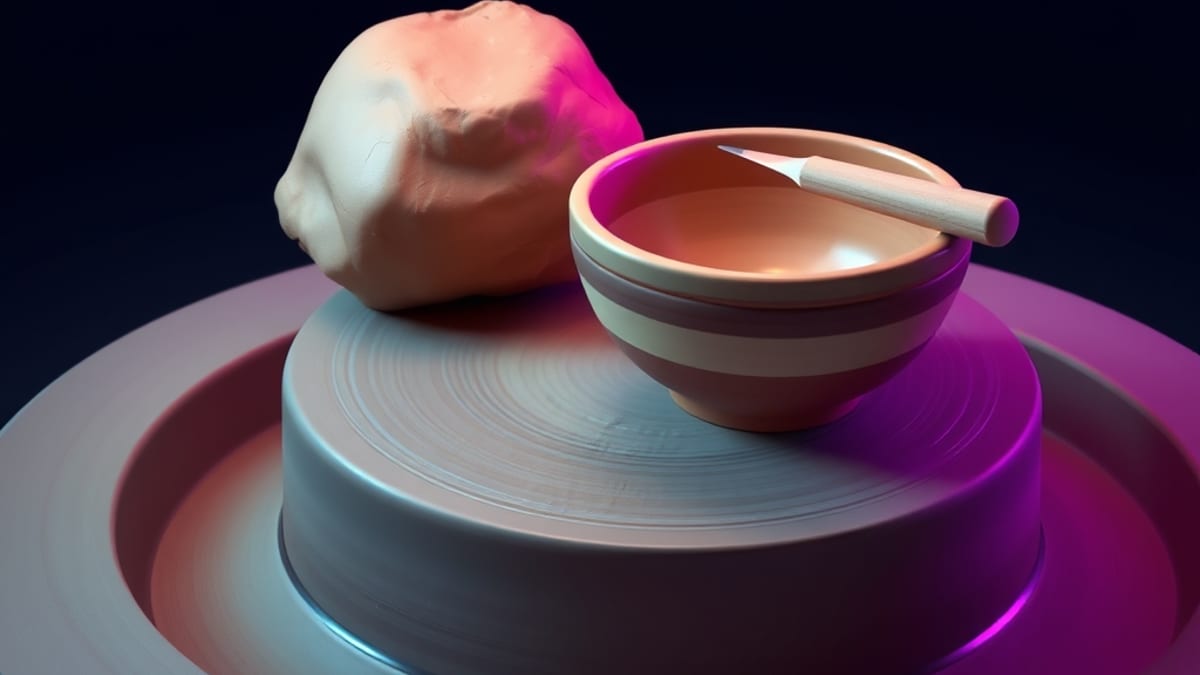 A rough clay lump on a potter's wheel next to a finished glazed bowl, with a small chisel resting on the rim.