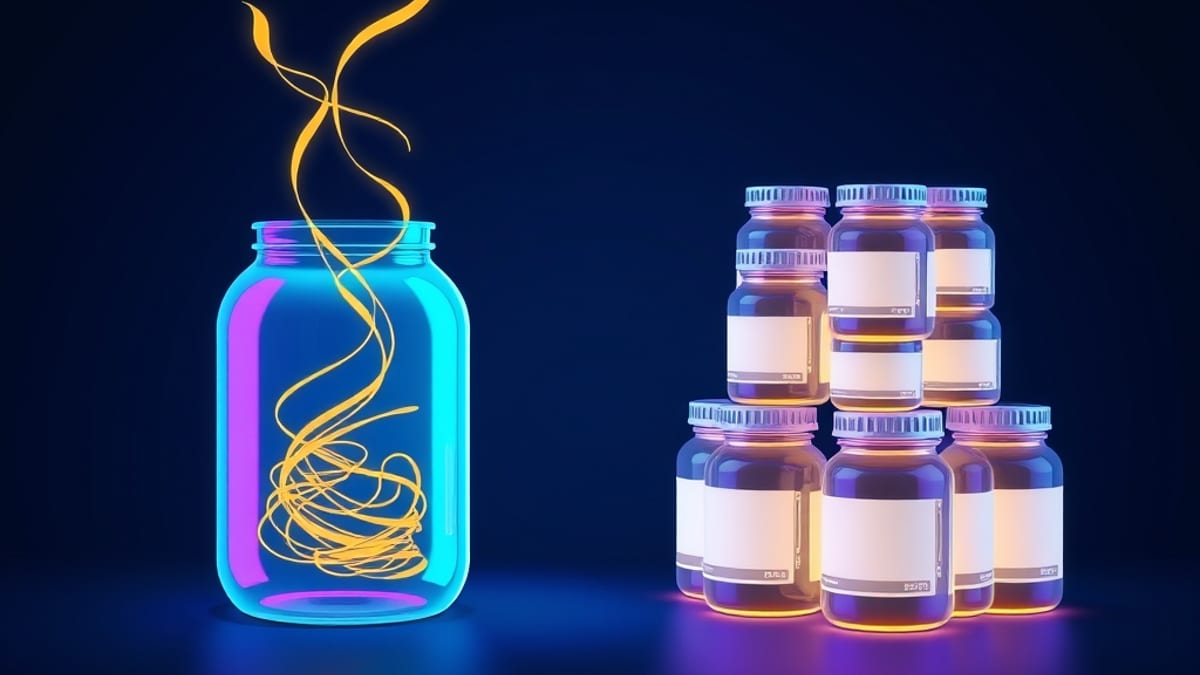 A glowing jar of swirling threads fading into air beside a tidy row of jars each holding an identical steady flame.