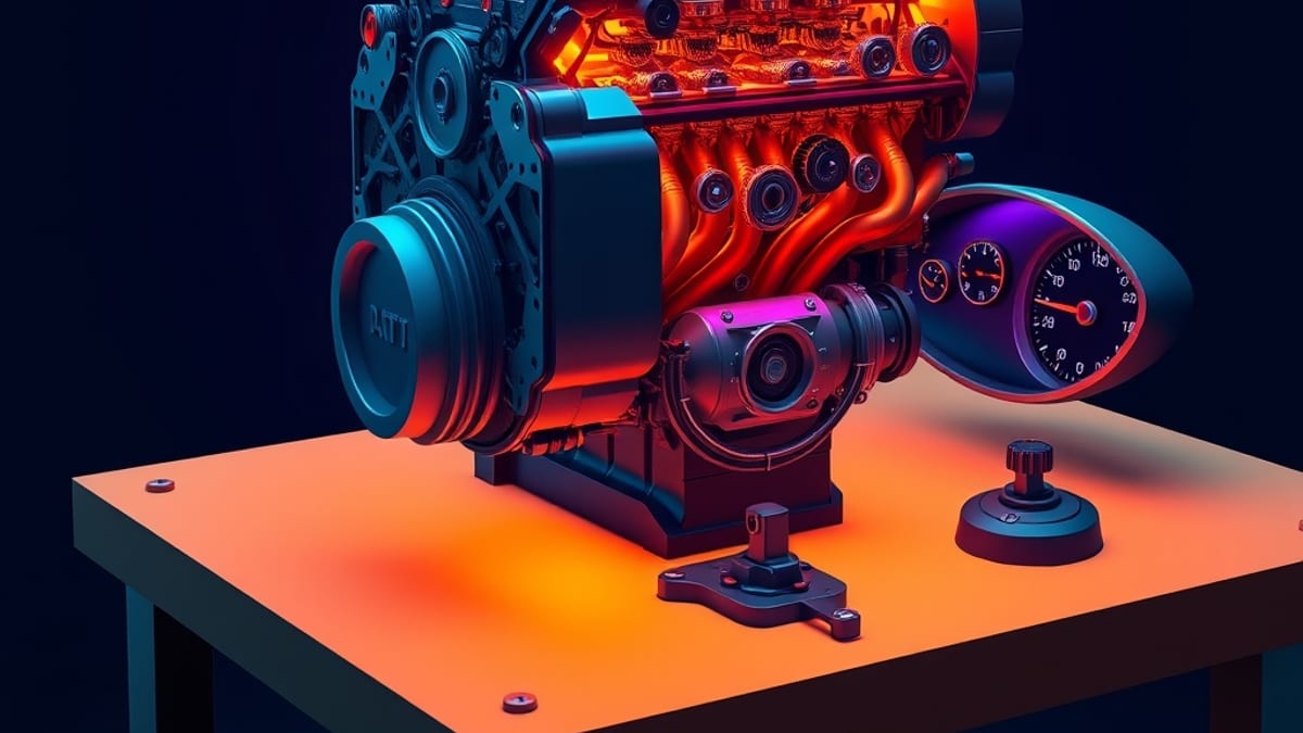 Cutaway engine block with thousands of tiny glowing dials beside an identical car dashboard on a workbench.