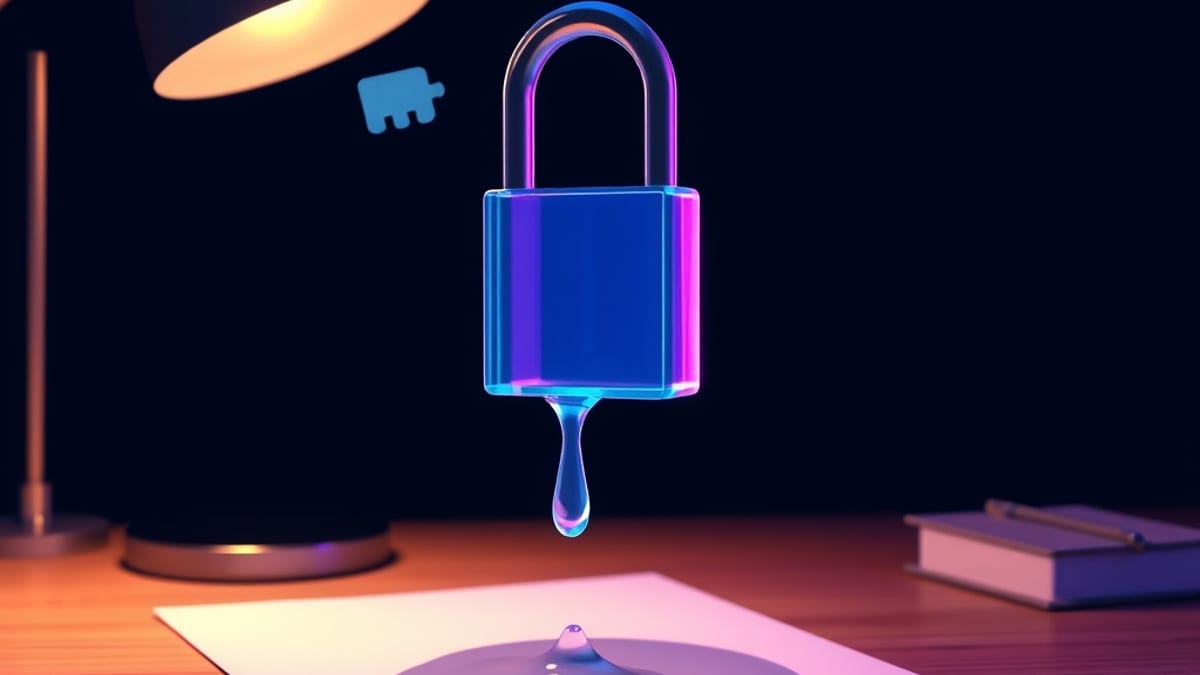 A melting glass key hovering over an open padlock, with an unsigned blank paper sheet on a desk behind it.