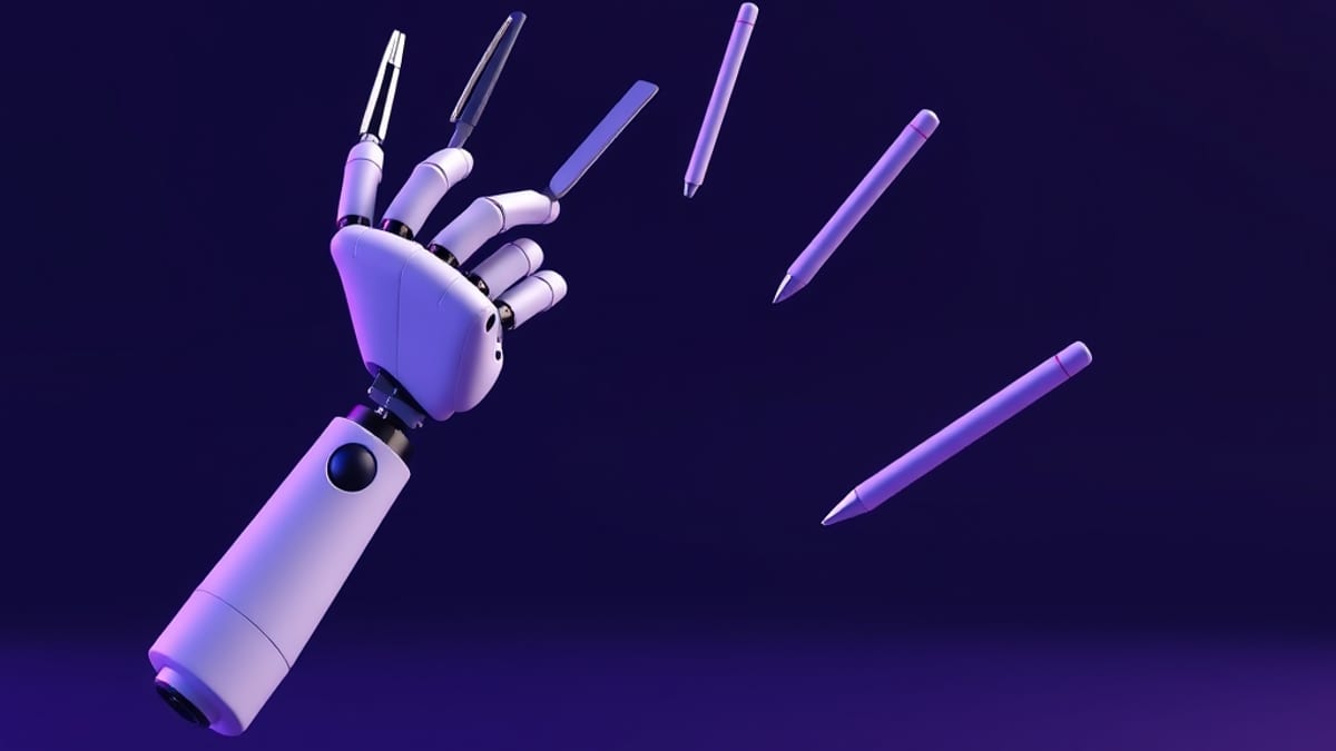 A robotic arm grips one pen while five other tools slip from its reach and fall through the air.