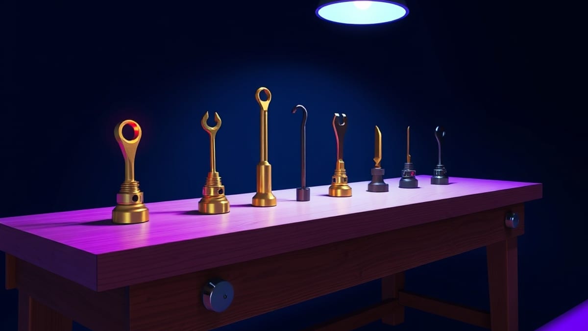 A workbench with six brass tools; two glow and float upward while four stay dark and bolted in place.