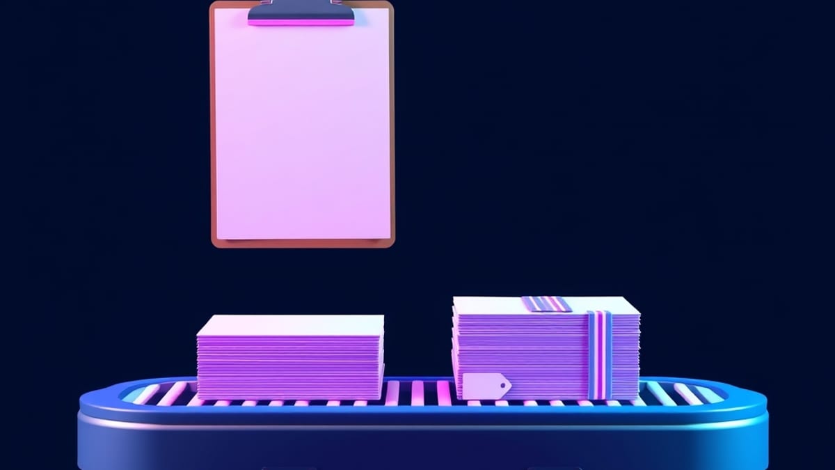 Flat illustration of a conveyor belt moving two differently tagged stacks of blank paper beneath a floating clipboard with on
