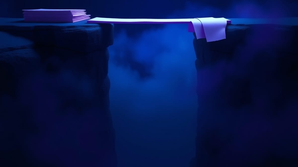 A bridge made of stacked blank pages crossing a gap, solid at one end and fraying into scattered loose sheets at the other.