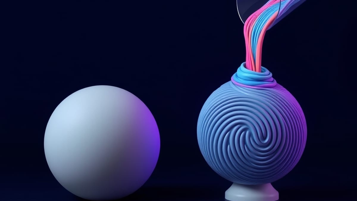 A plain grey clay sphere being reshaped by a funnel pouring in colored strands, forming a unique ridged pattern.