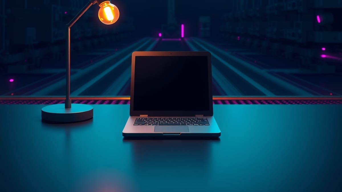 A small desk lamp lights one notebook in the foreground while a huge unlit machine hall looms behind glass.