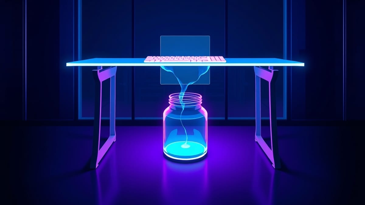 A glass keyboard on a night desk, typed words falling as ink into a clear jar below while a silhouetted figure watches from a