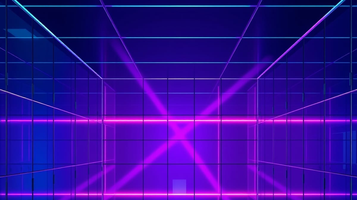 Glass cubicle grid divided by a jagged border line, lit by beams of different colors and brightness.