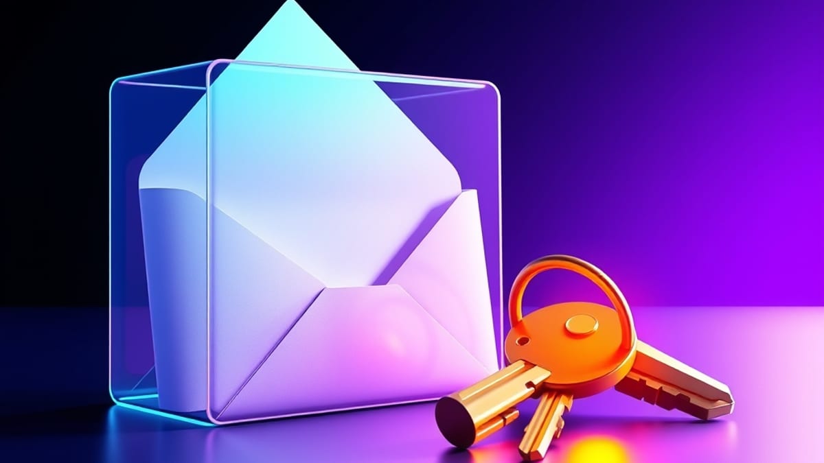 A glass envelope holding a folded letter on a desk beside a ring of brass keys, one key glowing amber while the rest stay dul
