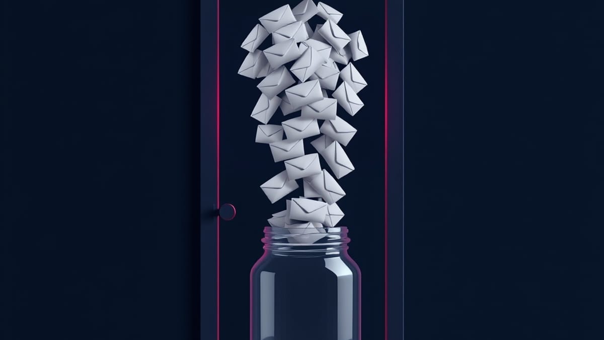 A glass door with a funnel-shaped keyhole, paper envelopes streaming through into a clear jar below.