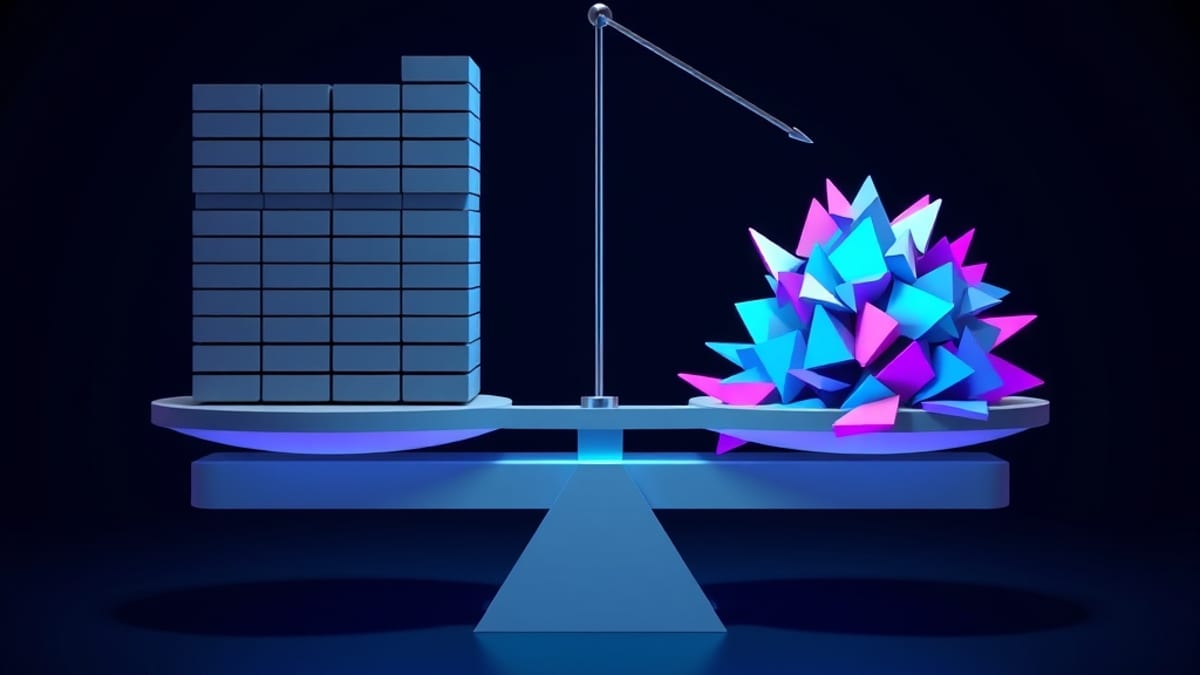 A scale comparing a neat stack of identical grey bars against a jagged scatter of uneven colored shards, needle tilted betwee