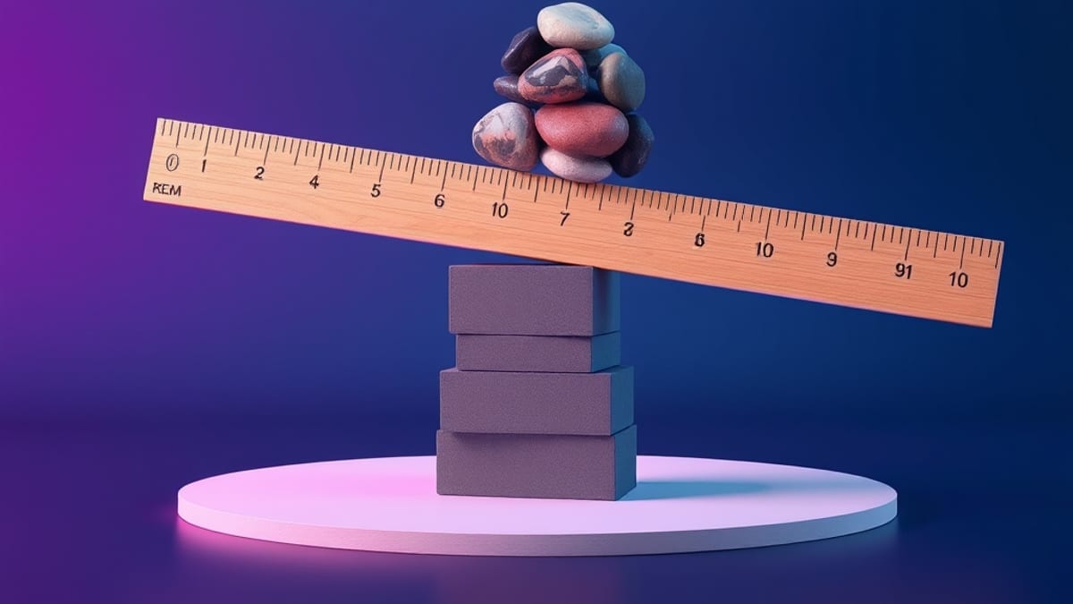 A wooden ruler balanced on a pivot, one end on uniform grey blocks, the other lifted by uneven colorful stones.