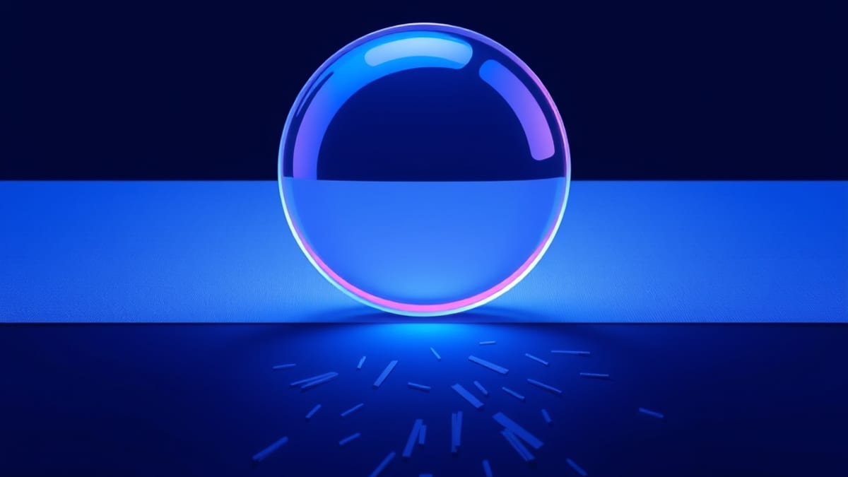 A glass lens hovering over smooth parallel lines that break into uneven, varied strokes beneath it.