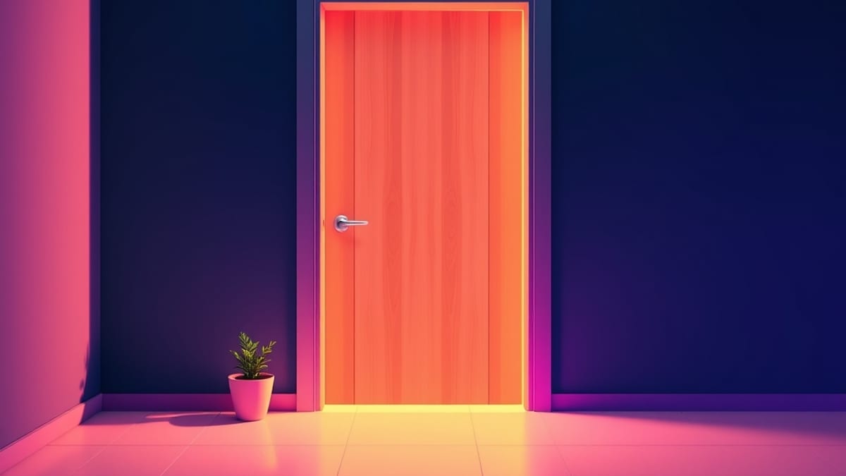 An open wooden door in a bright wall with warm light spilling onto a tiled floor and a small potted plant beside it.