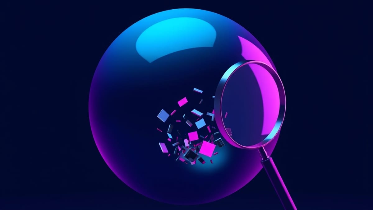 A polished floating sphere with a magnifying glass beside it, revealing loose mismatched fragments drifting inside its hollow