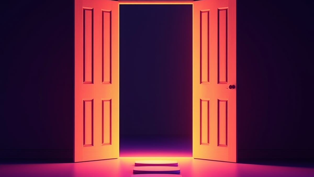 An open wooden door in a bright room with warm light and stepping stones leading through it.